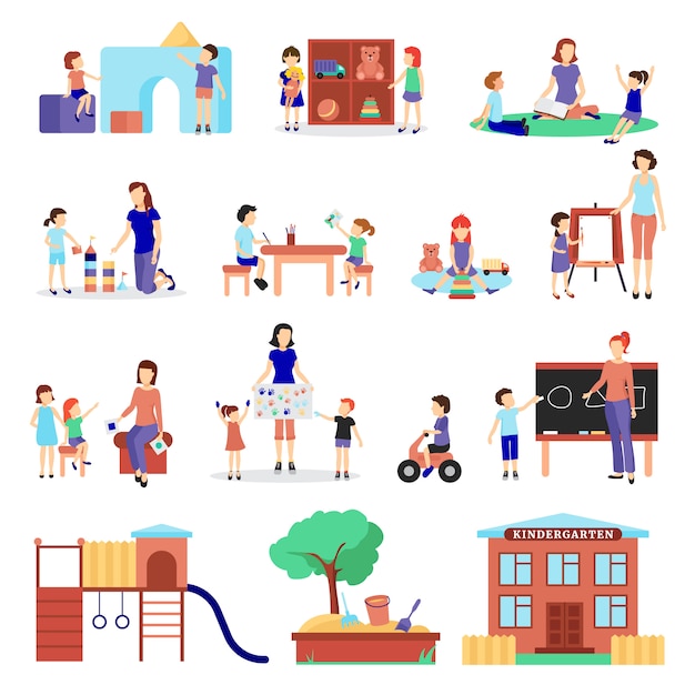 Бесплатное векторное изображение Набор иконок детский сад с родителями и детьми плоские символы