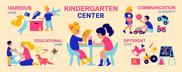 Kindergarten infographics with characters of kids playing with toys illustration