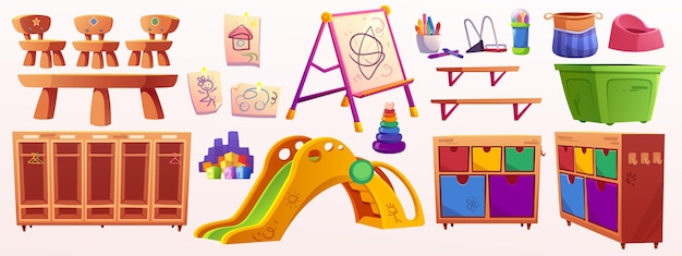 Vettore gratuito set di attrezzature per interni o giocattoli per la scuola materna