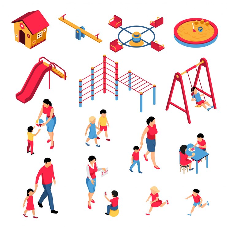 Free Vector kindergarten isometric set with parents educators kids during learning and eating play ground elements isolated 