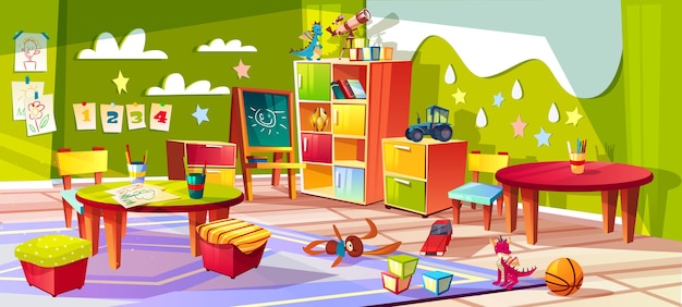 Kindergarten or kid room interior illustration. Empty cartoon background with child toys