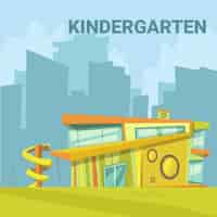 Бесплатное векторное изображение Детский сад современное здание фон в городе с горкой для детей мультфильм вектор illustrat