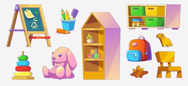 Kindergarten play room interior furniture and equipment for kids education and recreation activity cartoon set of preschool childcare chalkboard and toys rack and chair stationery and backpack