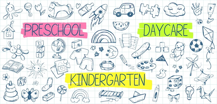 Free Vector kindergarten and preschool doodle icons on checkered paper background