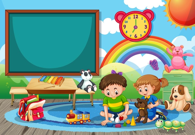 Kindergarten school scene with two children playing toys in the room