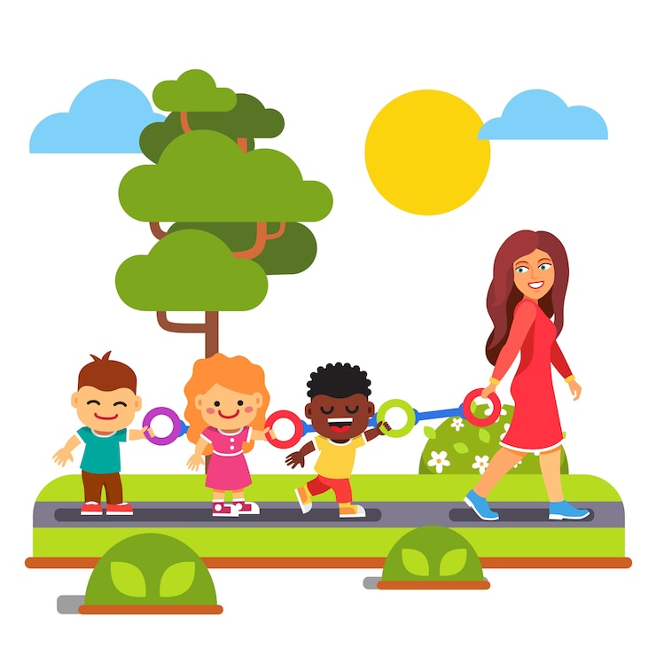 Free Vector kindergarten teacher walking with kids outdoors