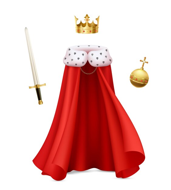 King cloak composition with realistic image of monarch gown with red royal robe sceptre and ball