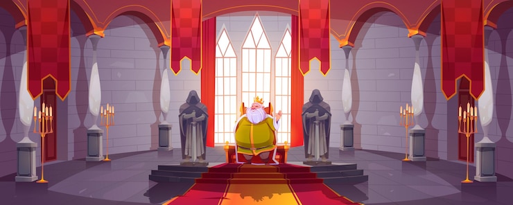 Free Vector king in gold crown on throne in medieval castle