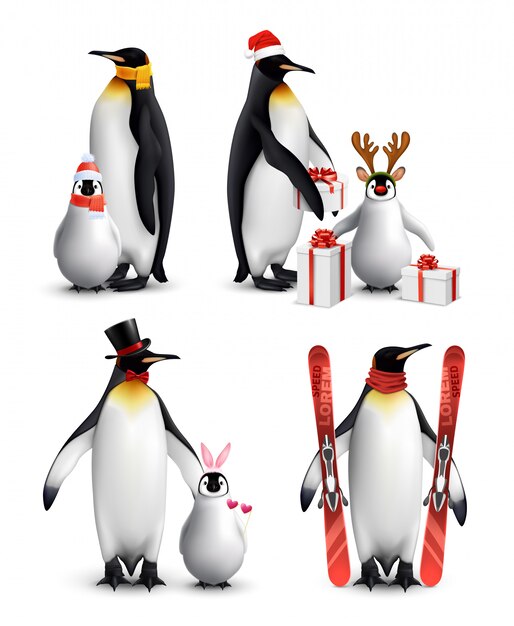 ひよことキングペンギン4面白い冬活動プレゼントと分離されたアルペンスキーで現実的な組成