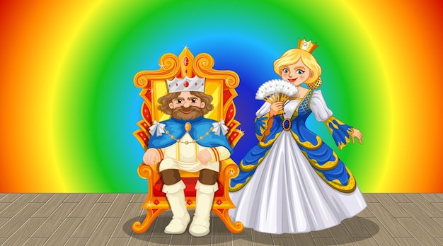Vettore gratuito personaggio dei cartoni animati di re e regina su sfondo sfumato arcobaleno