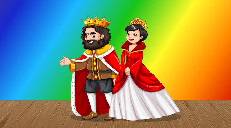 मुफ़्त वेक्टर king and queen cartoon character on rainbow gradient background