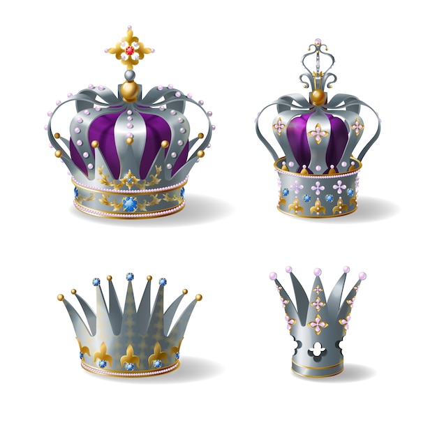 Бесплатное векторное изображение Король, королева серебро, золотая или платиновая корона, украшенная драгоценными камнями и жемчугом, фиолетовый шелк, бархат