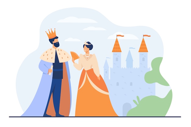 King and queen standing in front of castle flat vector illustration. cartoon monarchs as symbol of royal leadership. government authority, monarchy and aristocracy hierarchy concept