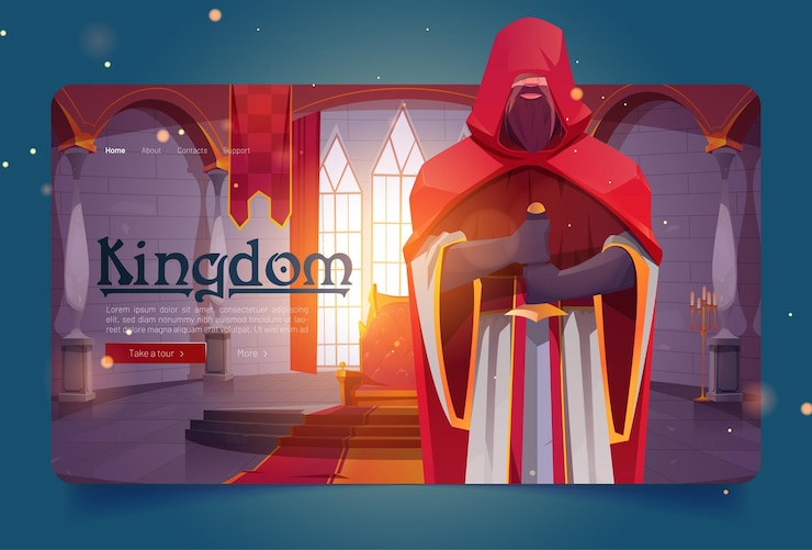 Free Vector kingdom cartoon landing page, ancient warrior in medieval castle throne room, knight, heraldic soldier with sword, guard with blade, fairy tale character, game or book personage, vector web banner