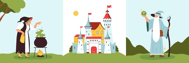 Free vector kingdom set of three square compositions with outdoor landscapes characters of witch wizard and castle buildings vector illustration