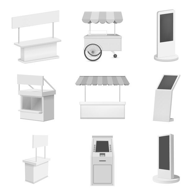 Download Premium Vector Kiosk Stand Booth Mockup Set Realistic Illustration Of 9 Kiosk Stand Booth Mockups For Web PSD Mockup Templates
