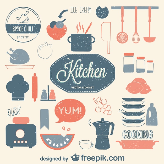 Бесплатное векторное изображение Кухня вектор ретро плоский набор