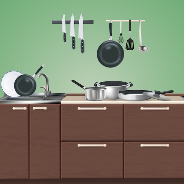 Бесплатное векторное изображение Кухонная коричневая мебель с реалистичными кулинарными принадлежностями на зеленом 3d иллюстрации