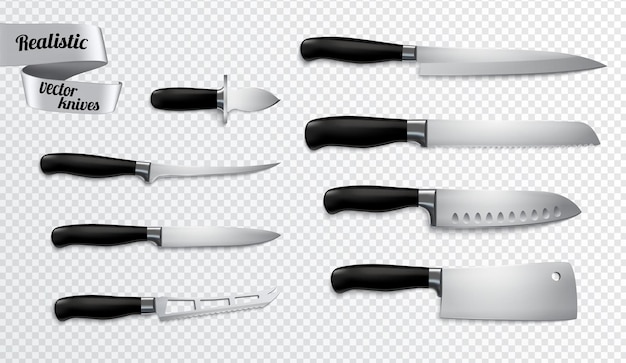 Free vector kitchen butchers knives set closeup realistic image with boning slicer carver chef cleaver clipping path