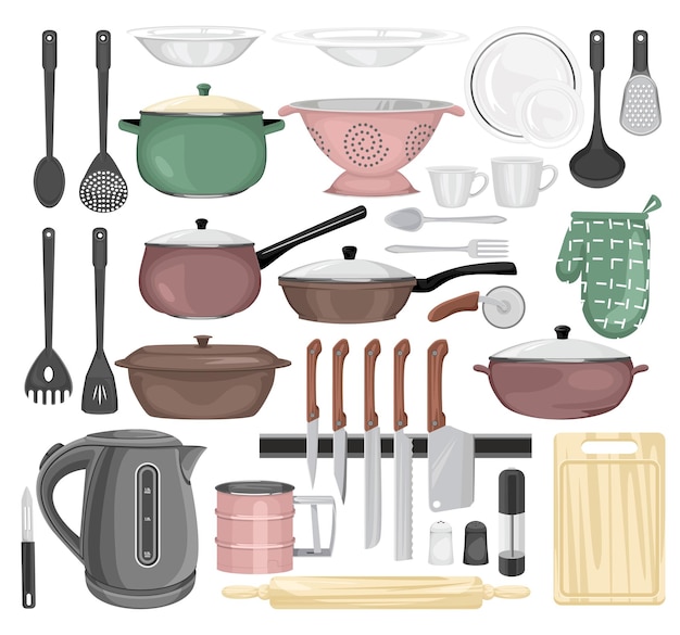 Кухонный цветной набор изолированных иконок со сковородками, кастрюлями, столовыми приборами и различными изображениями кухонной утвари, векторная иллюстрация