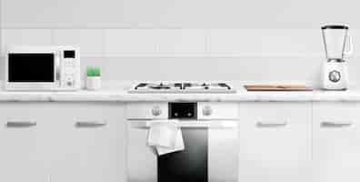 Free vector kitchen counter top with microwave oven, gas stove