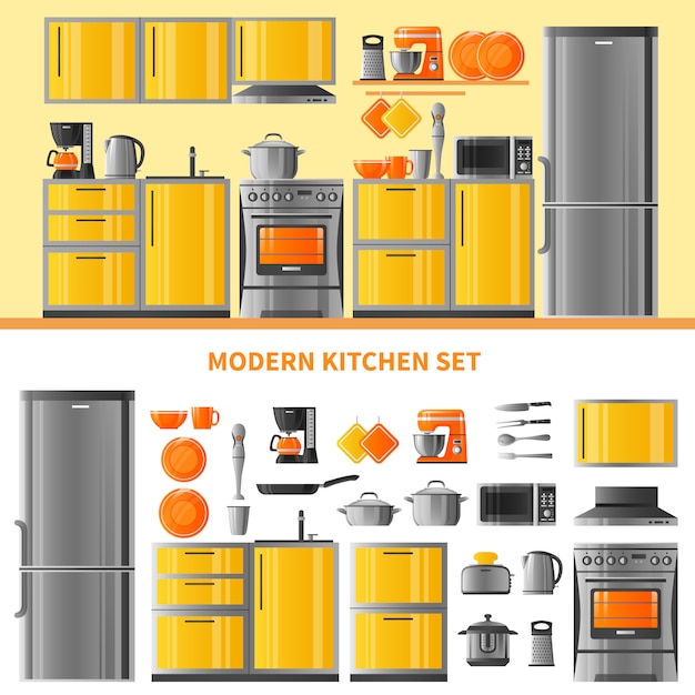 Vettore gratuito concetto di design di cucina con tecnica domestica