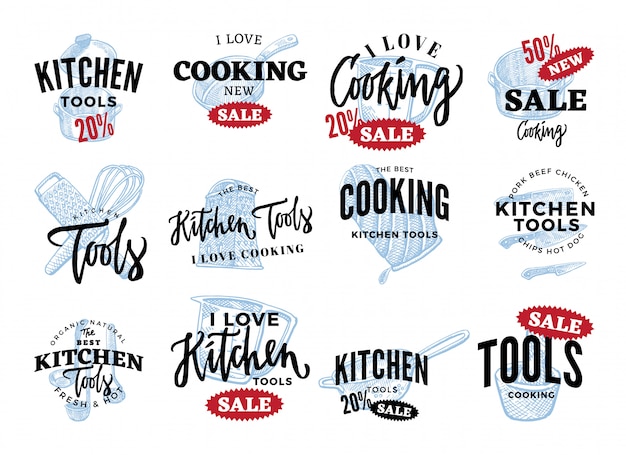 Free vector kitchen equipment sale logos set
