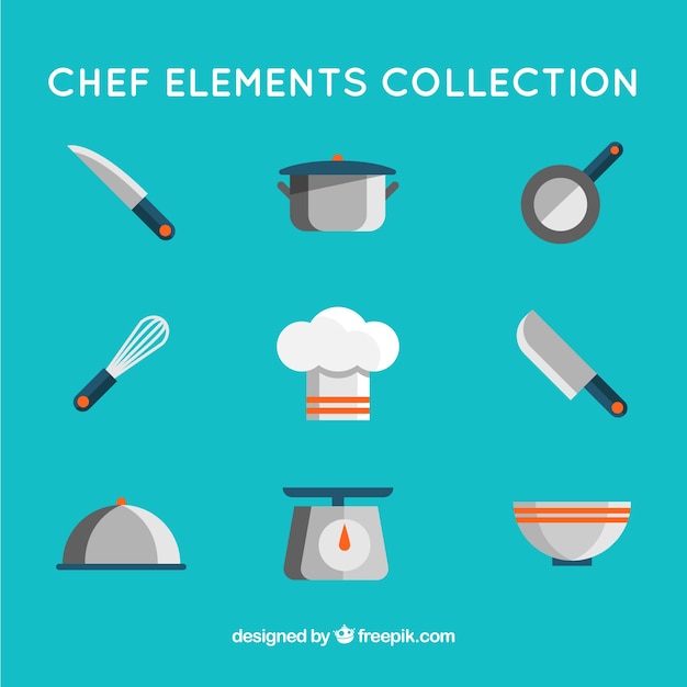 Free vector kitchen flat elements and chef hat