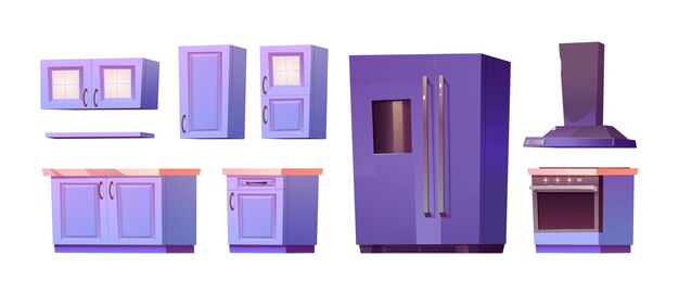 Kitchen furniture and equipment cartoon vector illustration set Modern cooking cabinets and drawers large refrigerator stove with oven and extractor hood Interior elements and appliances