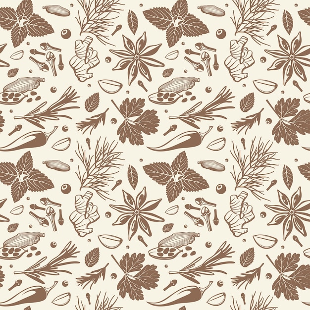 Kitchen herbs and spices seamless pattern.