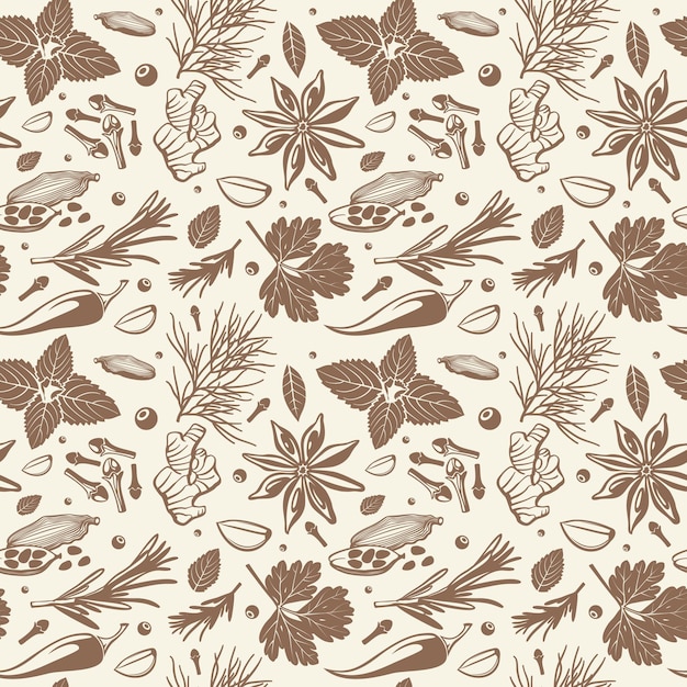 Free vector kitchen herbs and spices seamless pattern.