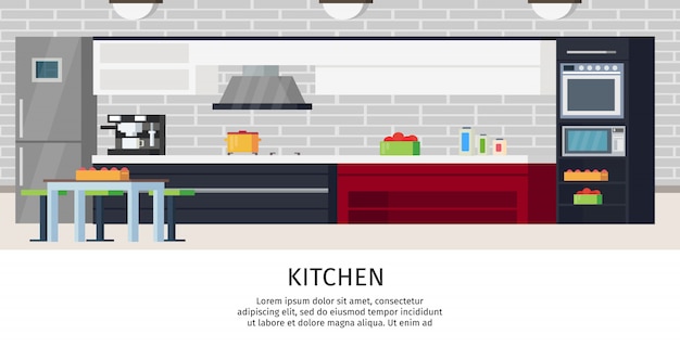 Бесплатное векторное изображение Композиция дизайна интерьера кухни