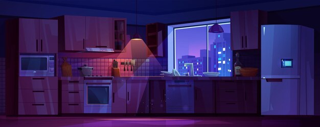 Кухня в интерьере дома с холодильником, столами, плитой и окном ночью Пустая темная кухня с современным холодильником, микроволновой печью, посудомоечной машиной и тарелками в раковине, векторная карикатурная иллюстрация