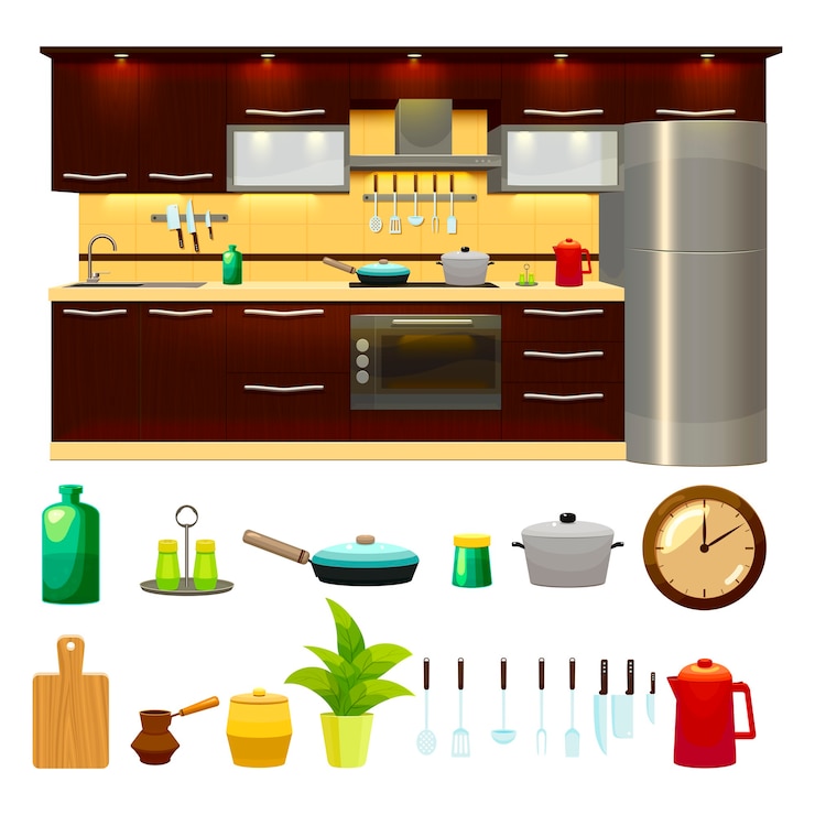 Free Vector kitchen interior icon set and illustration