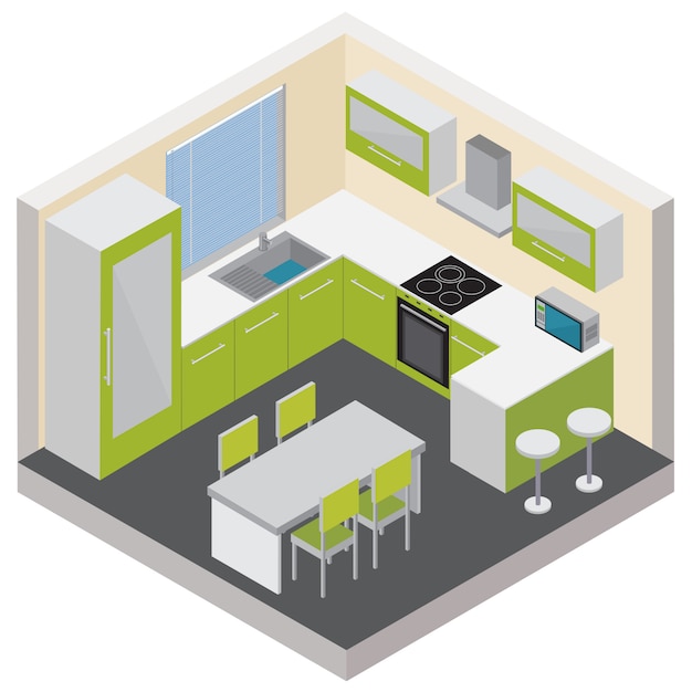 Free vector kitchen interior isometric composition with modern furniture household gadgets and consumer electronics