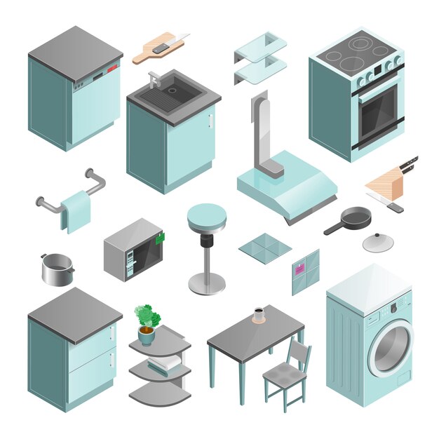 Kitchen Interior Isometric Icons Set