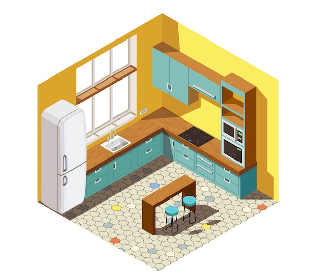 Бесплатное векторное изображение Интерьер кухни изометрические сцены