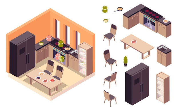 Free vector kitchen interior isometric set