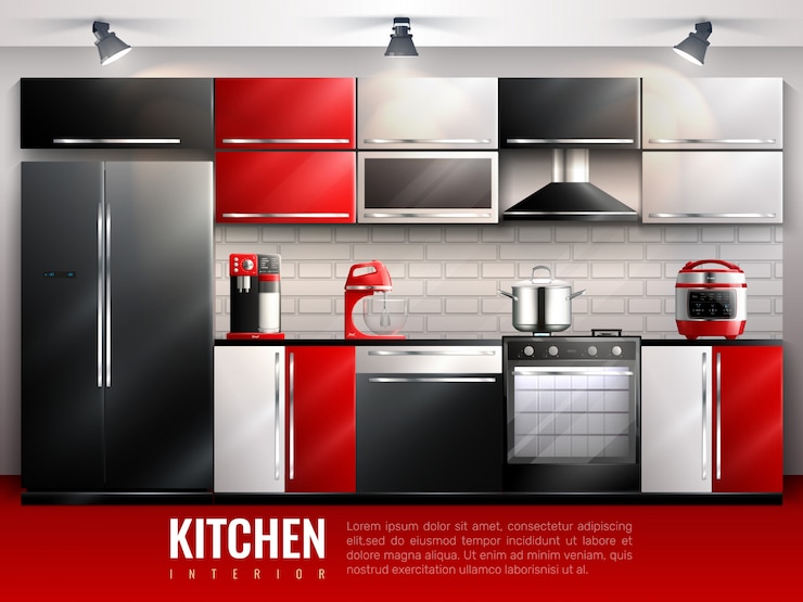 Free Vector kitchen interior modern design concept in realistic style with household equipment appliances and utensil