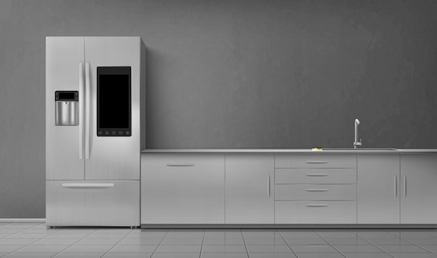 Интерьер кухни умный холодильник и раковина на столешнице