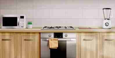 Free vector kitchen interior with gas stove and microwave