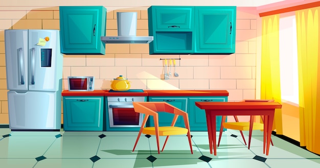 Kitchen interior witn wooden furniture cartoon