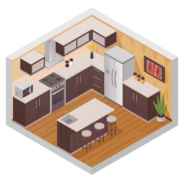 免费矢量厨房现代室内设计组合在等距风格与家用电器设备