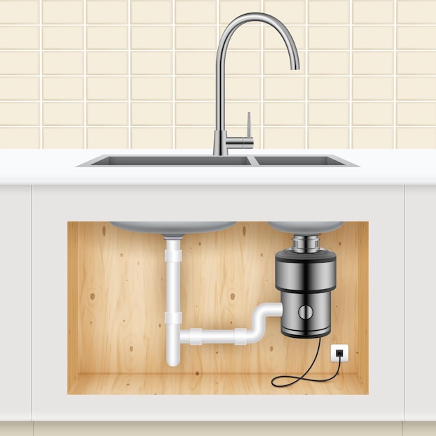 Kitchen sink with food waste disposer connected to electric socket realistic