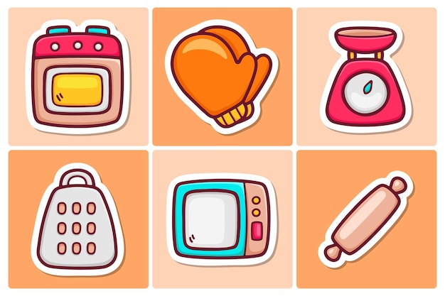 Kitchen Sticker Icons Doodle Coloring Vector