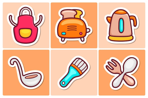 Kitchen Sticker Icons Doodle Coloring Vector