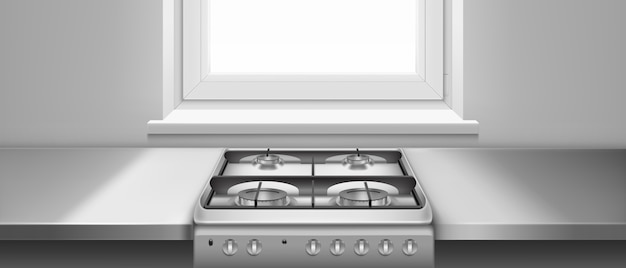 Vettore gratuito tavolo da cucina e fornello a gas con fornelli e griglie in acciaio nero. illustrazione realistica del piano cottura in metallo e bancone della cucina grigio vicino alla finestra. forno inox per cucinare