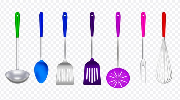 Kitchen tools metal with colorful plastic realistic set with ladle spatula skimmer cooking fork transparent 