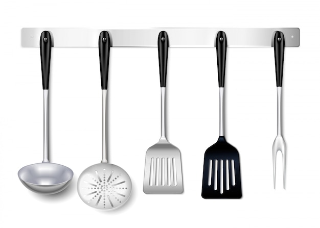 Kitchen tools utensils metal hanging rack closeup realistic  with ladle spatula skimmer cooking fork 