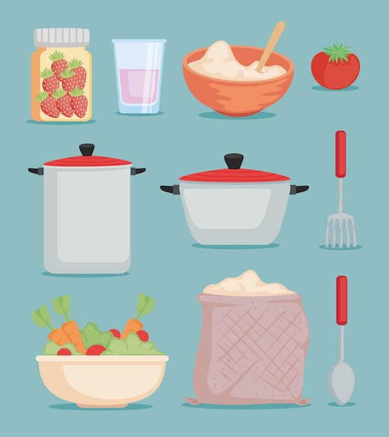 Бесплатное векторное изображение Кухонная утварь и ингредиенты
